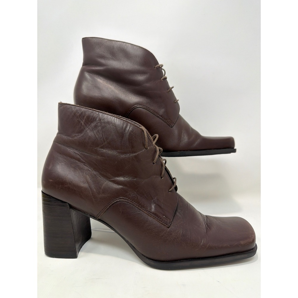 Capezio Vtg Brown Leather Square Toe Lace‎ Up Block Heel Ankle Boots Womens Sz 9